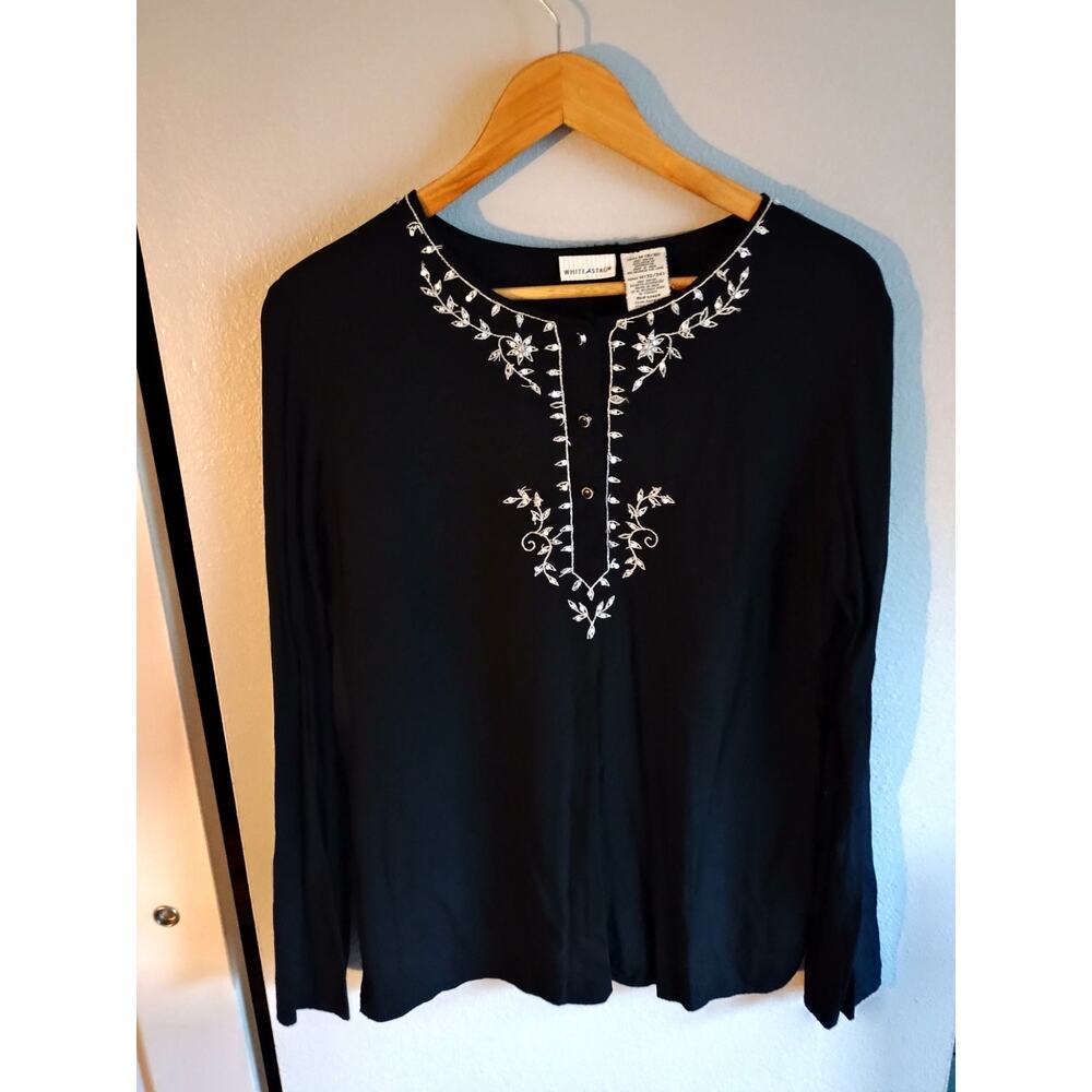 black long-sleeved tunic top white floral embroidery women's medium white stag